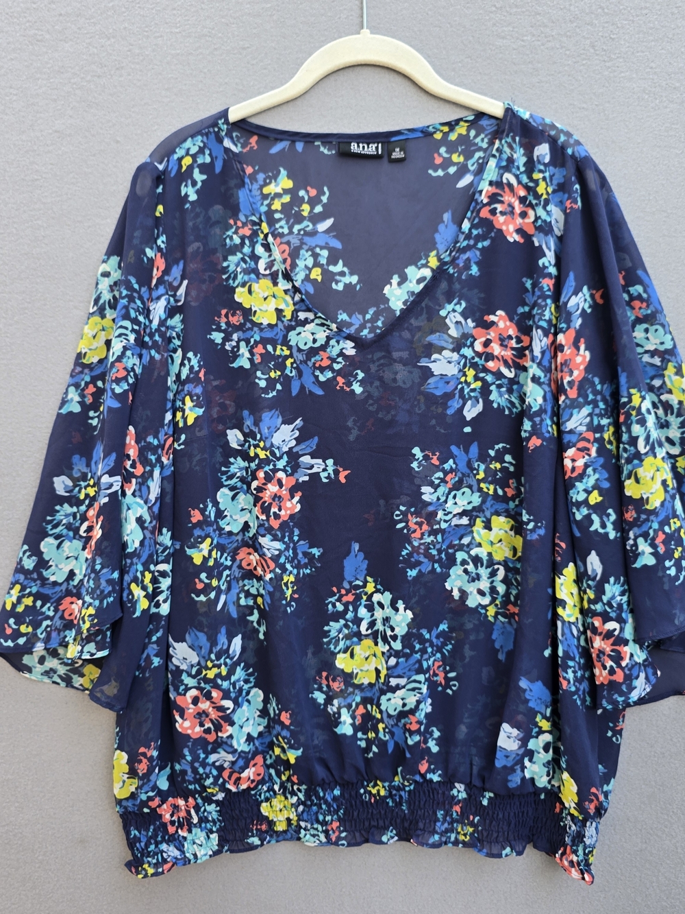 Ana Navy Floral V-Neck Sheer Peasant Blouse Ruffled Sleeves 1X